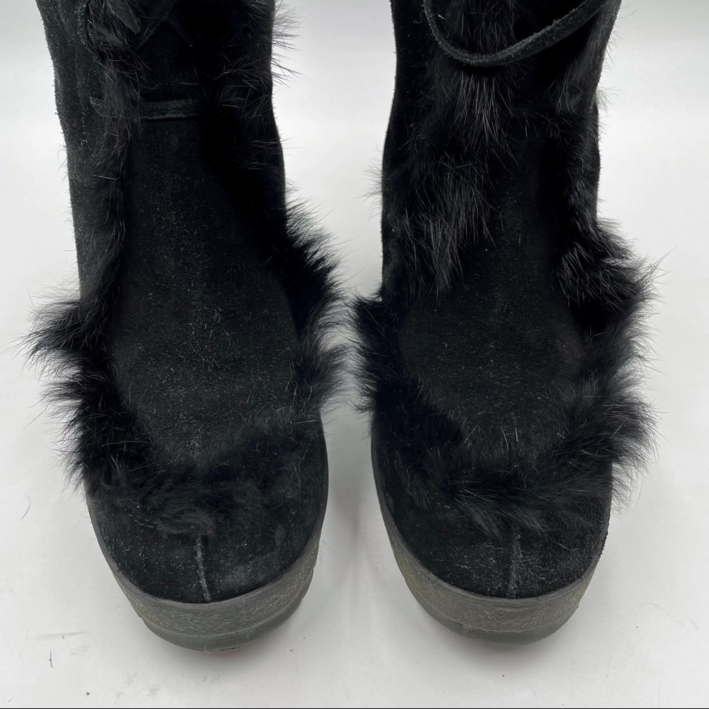 SOLD-Coach Karita Black Wedge Boots Suede Leather Rabbit Fur Knee Heels - Picture 4 of 11